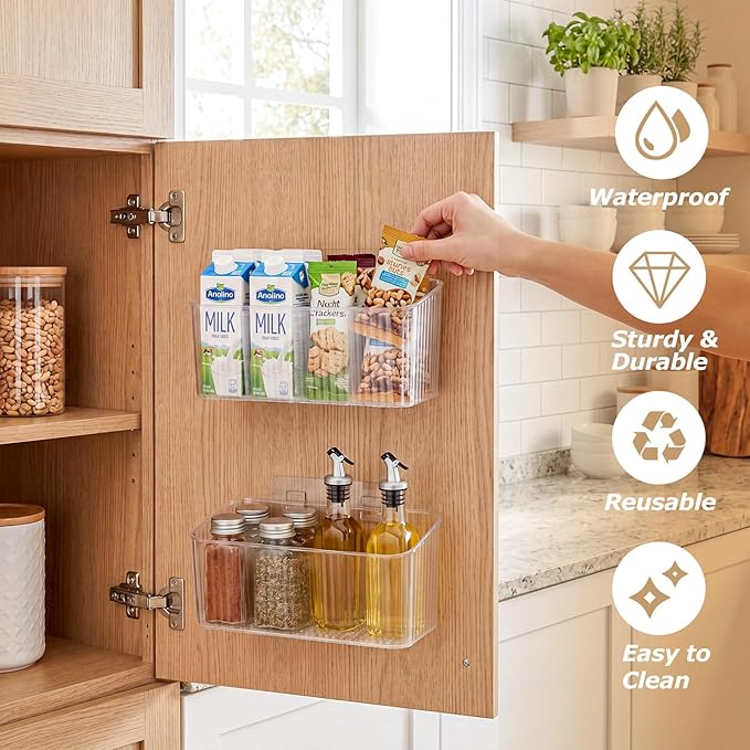 14 Pack Cabinet Door Organizer Adhesive Wall Mount Storage Bins Clear Makeup Containers Stackable Organizer Basket for Kitchen Cabinets, Bathroom, Pantry, Office, Refrigerator, Tabletop