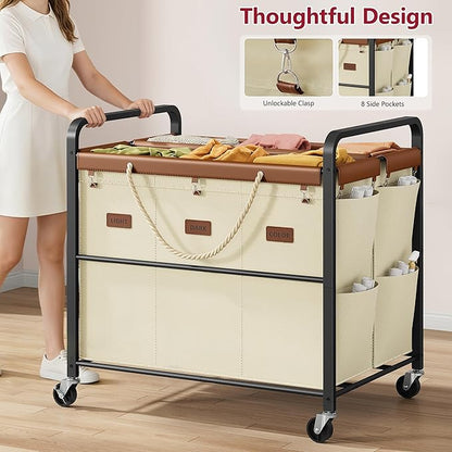 Tajsoon 350L Extra Large Laundry Hamper 6 Section, Heavy Duty Laundry Cart with Wheels, Commercial Laundry Sorter with Sturdy Metal Frame, Removable Bags & Leather Patchwork, Beige