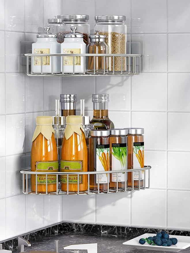 SMARTAKE 2-Pack Corner Shower Caddy, SUS304 Stainless Steel, Wall Mounted Bathroom Shelf with Adhesive, Storage Organizer for Toilet, Dorm and Kitchen (Silver)