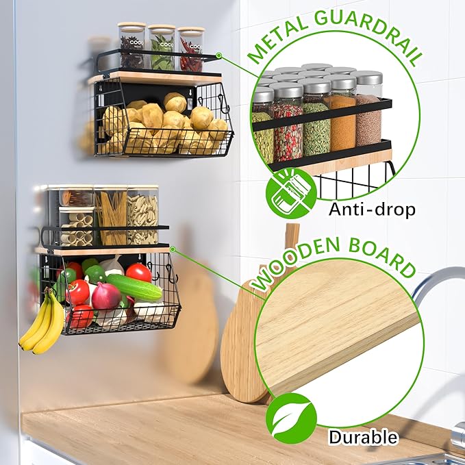 home Magnetic Shelf for Fridge with Wood Lid, Large Container Magnetic Spice Rack for Refrigerator,Fruit Potato and Onion Storage Bins, Pantry Organizers & Storage, Kitchen Counter, Cabinet