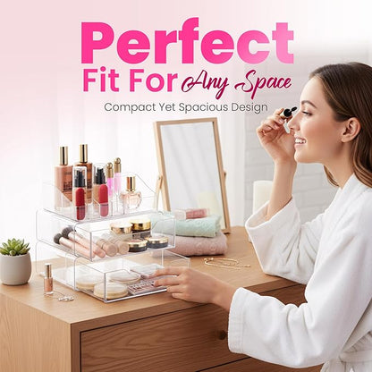 Masirs Clear Acrylic Makeup Organizer with Drawers – Cosmetic Vanity Storage for Skincare, Hair Accessories, Jewelry, Perfume – Durable Countertop Bathroom Organizer