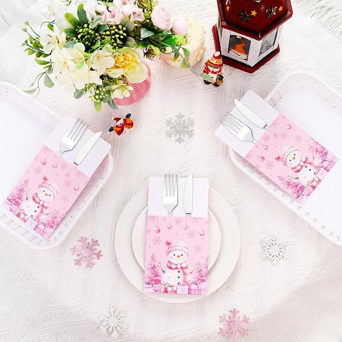 50pcs Winter Christmas Utensil Holder Pockets Pink Flatware Tableware Holder Bags Disposable Knifes Forks Silverware Bags for Christmas Party Table Decor Supplies
