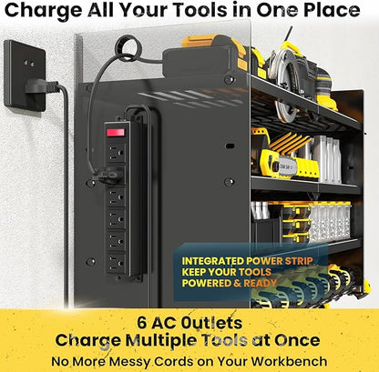 Hipidian Adjustable Power Tool Organizer Wall Mount with Charging Station - 650lb Capacity 4 Layer Heavy Duty Storage Rack with 8 Drill Holders for Garage Workshop Tools, Gifts for Men