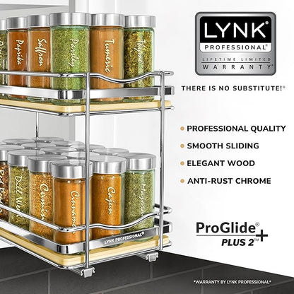 LYNK PROFESSIONAL® Élite™ Pull Out Spice Organization for Cabinets - 6-3/8 inch Wide – Spice Rack for Inside Cabinets – Wood/Chrome - Sliding Spice Rack Organizer for cabinet – Spice Rack - 2 Tier