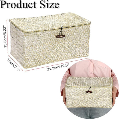 Hipiwe Seagrass Storage Basket Bins with Lid, Handwoven Wicker Shelf Baskets Bin Rectangular Household Basket Organizer Boxes for Shelf Closet Bedroom Home Decor, Whitewash Medium