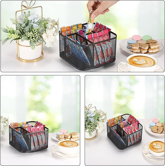 ELLDOO Metal Drink Packet Organizer for Powdered Drink Mix, Rotating Water Flavor Packet Holder with 5 Compartments, Lazy Susan Organizer for Remote Control, Glasses, Makeup Brush (Black)