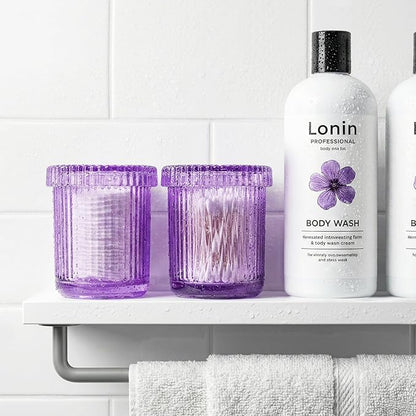 2 Pack Qtip Holder - Apothecary Jars with Lids, Bathroom Organizers and Storage Canister for Cotton Balls,Swabs,Floss Picks,Hair Ties,Clear Glass Vintage Bathroom Decor Jar Set (purple)