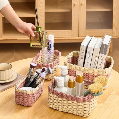 4PCS Woven Storage Baskets Set, Small Baskets for Organizing, Square Handwoven Paper Rope Organizer Bins for Shelves and Home Storage (Natural & Pink)