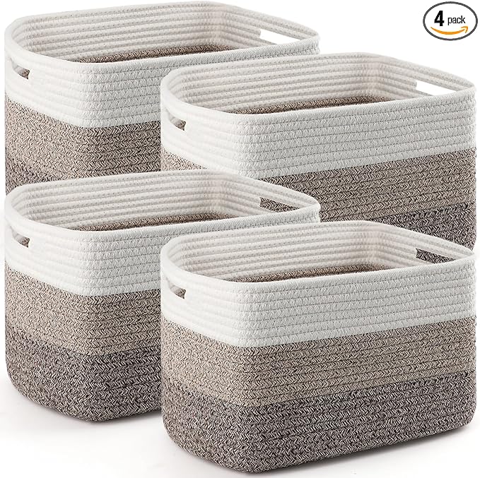 4 Pack Storage Baskets for Organizing, 12''Lx9''Wx8''H Woven Baskets for Storage Toys, Towels, Books, and Clothes, Cotton Rope Basket for Shelves with Handle