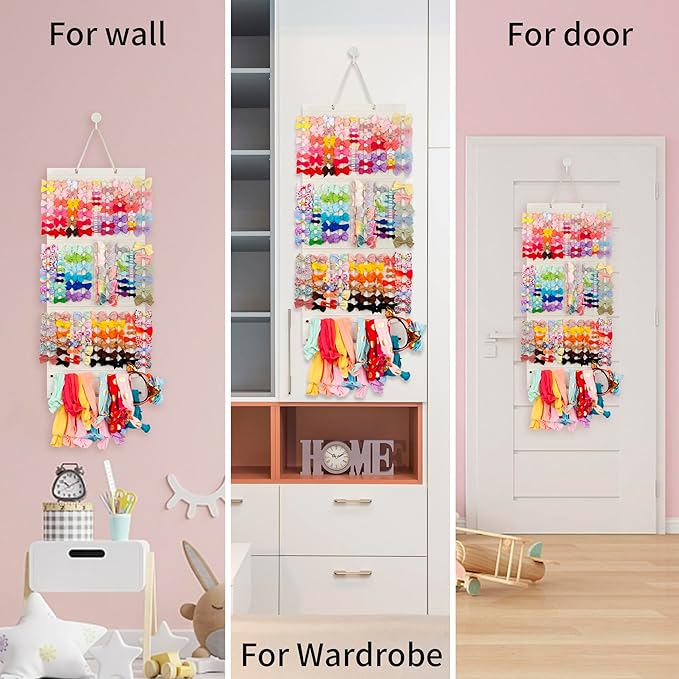 Bow Holder Organizer for Girls - Hanging Hair Accessories Storage for Headbands, Clips, Ties, Scrunchies (Without Bows) (Beige)