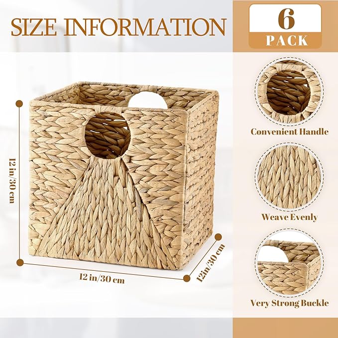 Jinei 6 Pcs Wicker Storage Basket Bulk 12 x 12 x 12 Inch Handwoven Water Hyacinth Cube Bin with Handles Woven Laundry for Organizer Shelves Wood Color