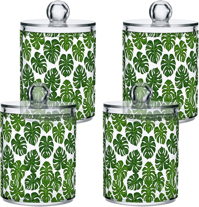 ALAZA 4pcs Monstera Leaf Palm Green White Qtip Holder Dispenser 14 oz Bathroom Storage Clear Apothecary Jars Containers Cotton Ball,Cotton Rounds,Floss Picks, Hair Clips, Food