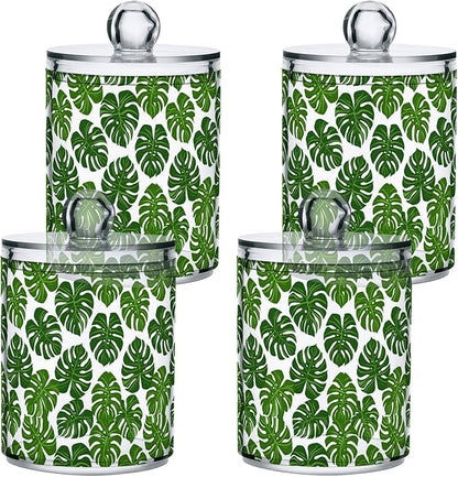 ALAZA 2pcs Monstera Leaf Palm Green White Qtip Holder Dispenser 14 oz Bathroom Storage Clear Apothecary Jars Containers Cotton Ball,Cotton Rounds,Floss Picks, Hair Clips, Food