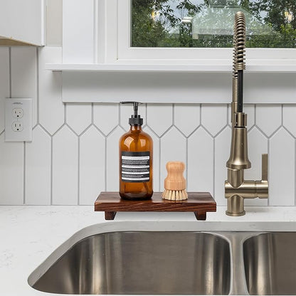 Bathroom Counter Organizer Wood Pedestal Stand Farmhouse Decorative Tray Soap Holder for Kitchen Decor, Large 10" x 4.5" - Drak Brown