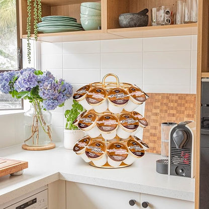Coffee Pod Holder, K Cup Holders Carousel Organizer ,27 Coffee Pods Storage Compatible with K Cups, Spins 360-Degrees, Modern Gold Design ，Round,Shining Gold,3 Tier Home or Office Kitchen Counter Organizer