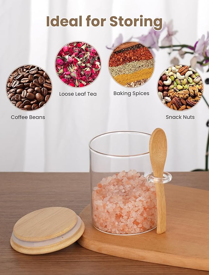 NiHome 17 oz Glass Salt Cellar with Bamboo Lid and Spoon, Integrated Design Clear Container for Salt, Sugar, Coffee Beans, Snack Nuts, Kitchen Spice Storage