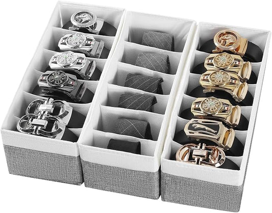 3 Packs Fabric Belt Organizer, 6 Grids Belt Organizer for Closet and Drawer, Foldable Dresser Drawer Organizers, Tie Storage -GreyWhite