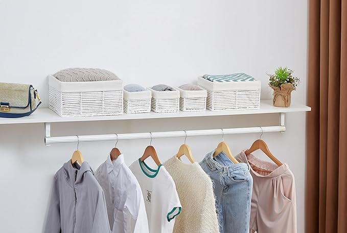 Vagusicc Wicker Storage Basket, Hand-Woven Paper Rope Woven Baskets, Rectangular Small Wicker Baskets for Organizing, Cube Storage Bins for Closet/Clothes/Dresser, White, 5-Pack