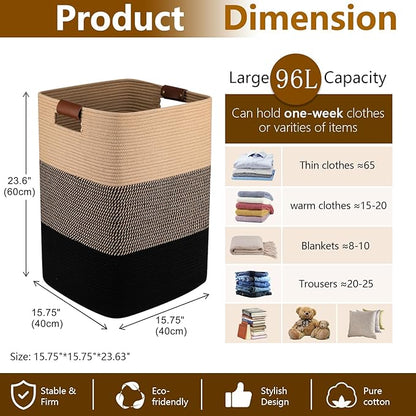 Laundry Hamper 96L Extra Large Laundry Basket, Woven Blanket Basket, Cotton Woven Storage Hamper with Handles for Living Room, Large Baskets for Pillows, Blankets, Clothes-Black & Yellow