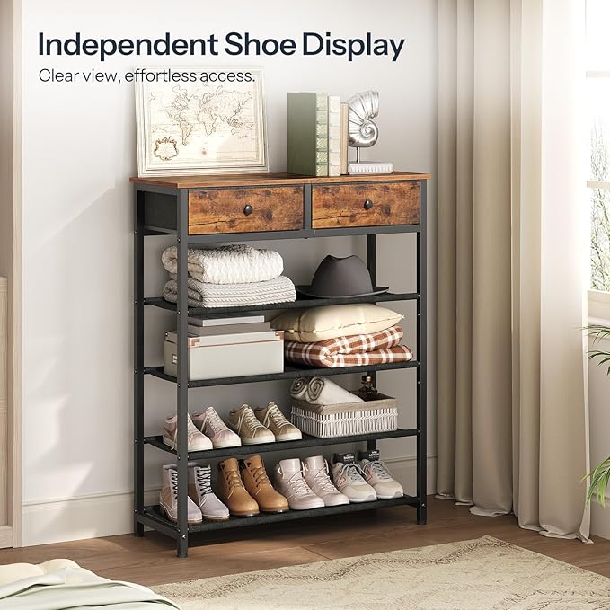 HOOBRO Shoe Rack, 5 Tier Shoe Storage Organizer with 2 Non-Woven Drawers, 12-16 Pairs of Shoes for Entryway, Shoe Shelf with 4 Oxford Fabric Shelves and Wooden Top, Closet, Rustic Brown BF78XJ01