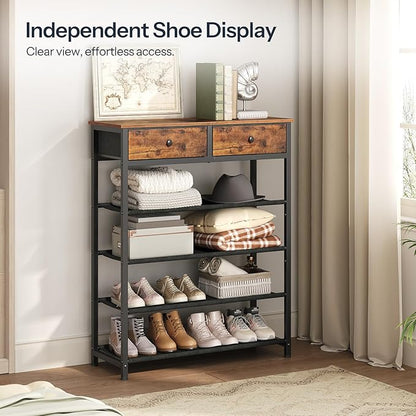 HOOBRO Shoe Rack, 5 Tier Shoe Storage Organizer with 2 Non-Woven Drawers, 12-16 Pairs of Shoes for Entryway, Shoe Shelf with 4 Oxford Fabric Shelves and Wooden Top, Closet, Rustic Brown BF78XJ01