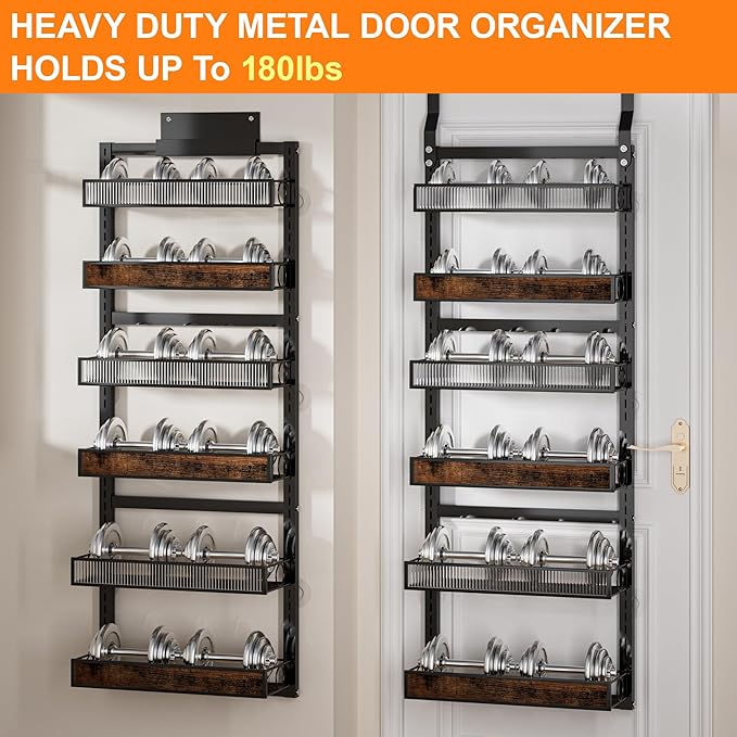 6 Tier Pantry Door Organizer Spice Rack, 2-IN-1 Wall Mount or Hanging Over Door Seasoning Organizer with Adjustable Baskets, Heavy Duty Behind Door Storage Shelves for Pantry, Cabinet and Kitchen