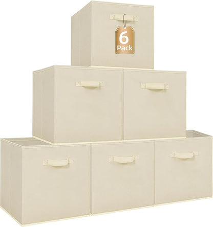 STORAGE MANIAC Storage Cubes, 13 Inch Collapsible Storage Bins with Handles, 6 Pack Fabric Foldable Bins for Organization, Durable Storage Bins for Closet, Shelves, Offices, Toys, 6-Pack Beige