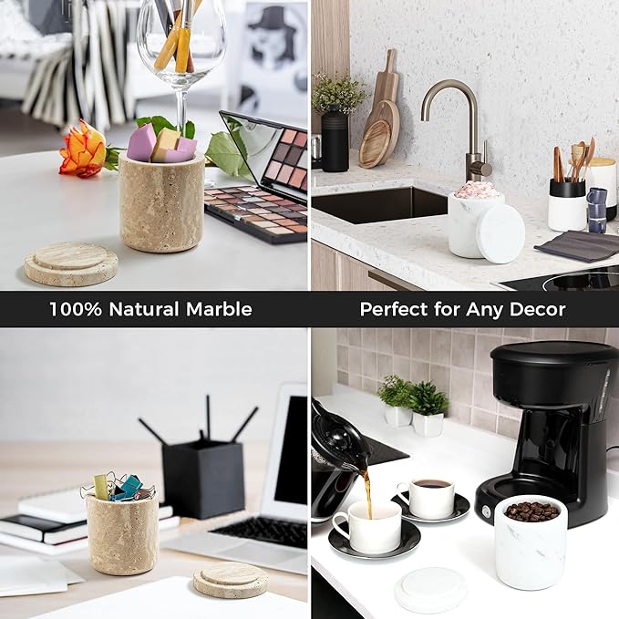 Marble Qtip Holder with Lid Natural Cotton Ball Container for Cotton Swabs,Makeup Sponges,Bath Salt Large Capacity Bathroom Canisters Jars for Countertop Storage and Organization White (WH051)