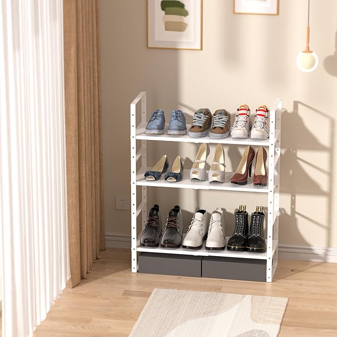 Multi-Functional Metal Shoe Rack,Expandable Adjustable Stackable Kitchen Organizer,Metal Shelf risers for cabinets, Kitchens and Closet, Bathroom(3Packs/White/Large)