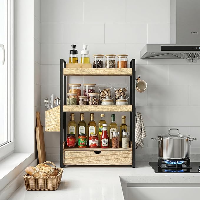 3-Tier Bathroom Counter Organizer with Drawer Basket and Hooks, Wood Bathroom Organizers and Storage for Countertop, Farmhouse Brown Countertop Organizer, Counter Shelf for Vanity, Kitchen,Office