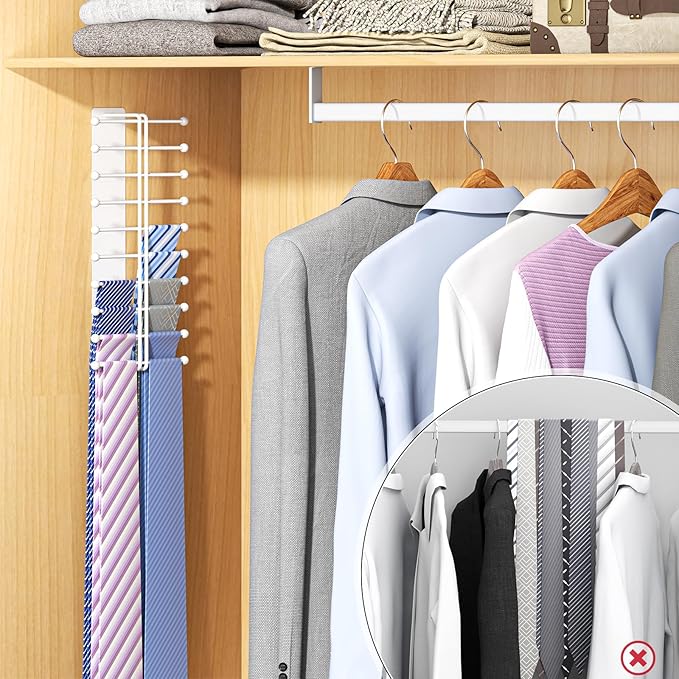 Tie Rack Wall Mounted, Tie Organizer for Men, Tie Rack Hanger for Closet Metal, Adhesive Tie Holder Organizer with 20 Hooks, Tie Storage for Wall Bedroom Living Room Dresser Room (White)