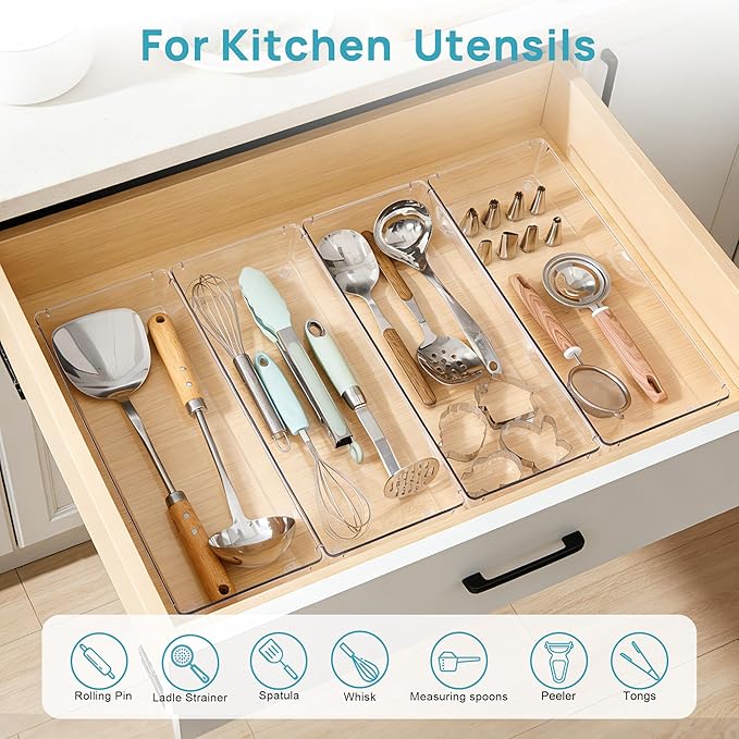 Vtopmart 4 Pack 15" X 6" Kitchen Drawer Organizers, Clear Plastic Drawer Organizer Tray, Storage Bins for Flatware, Silverware, Utensil, Cutlery