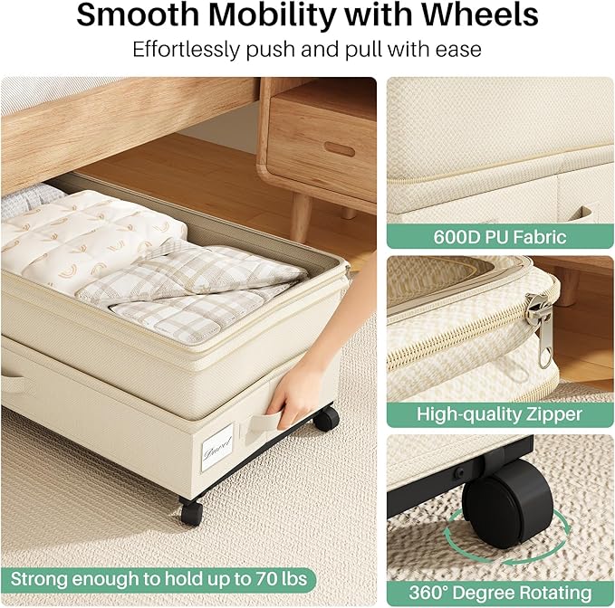 Kitstorack 2Pack Height-adjustable Under Bed Storage with Wheels, Under Bed Storage Containers,Under Bed Shoe Storage Organizer with Clear Window&Label, Suitable for Clothes Storage, Beige