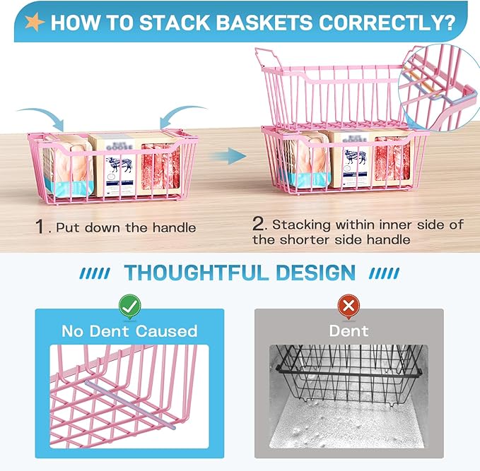 SUNALLY Freezer Organizer Bins, 4 Pack Stackable Chest Freezer Organizer for 5-7 Cu.FT Deep Freezer Sort Frozen Meats and Food, Freezer Storage Baskets with Handles Easy Reach from Bottom, Pink