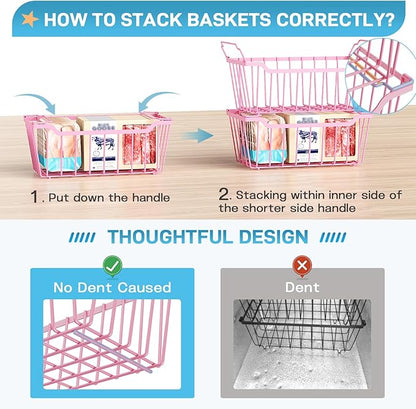 SUNALLY Freezer Organizer Bins, 4 Pack Stackable Chest Freezer Organizer for 5-7 Cu.FT Deep Freezer Sort Frozen Meats and Food, Freezer Storage Baskets with Handles Easy Reach from Bottom, Pink
