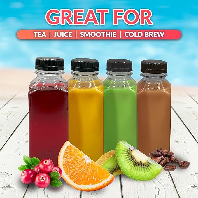 Reli. Plastic Juice Bottles (48 Pack, 12 oz) Square Plastic Juice Bottles with Caps & Sticker Labels | Clear, Empty for Juicing 12oz | Disposable, Smoothies