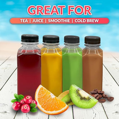 Reli. Plastic Juice Bottles (48 Pack, 12 oz) Square Plastic Juice Bottles with Caps & Sticker Labels | Clear, Empty for Juicing 12oz | Disposable, Smoothies