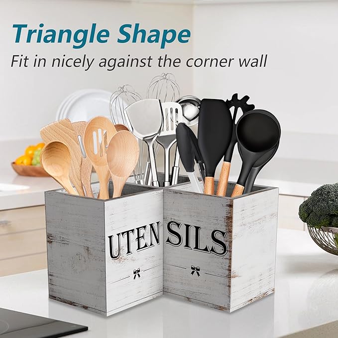 Suli Extra Large Utensil Holder with 3 Compartments,Corner Kitchen Shelf,Wooden Utensil Organizer for Kitchen Countertop, Farmhouse Decor, Rustic Cooking Utensil Storage- White grain