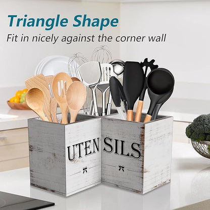 Suli Extra Large Utensil Holder with 3 Compartments,Corner Kitchen Shelf,Wooden Utensil Organizer for Kitchen Countertop, Farmhouse Decor, Rustic Cooking Utensil Storage- White grain