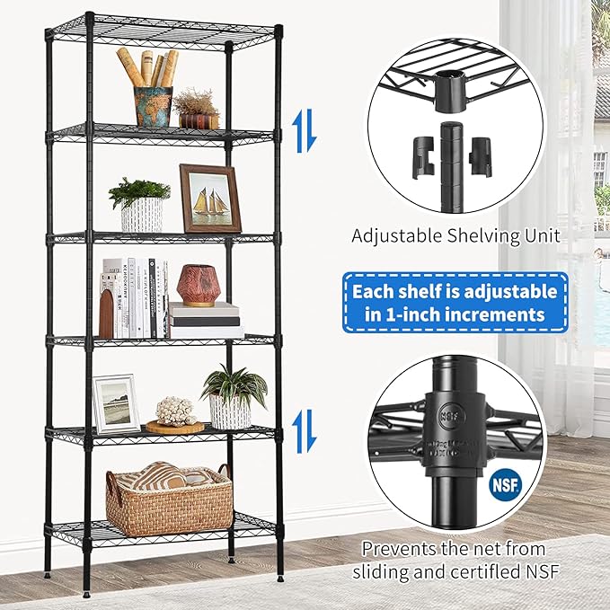 6-Tier Wire Shelving Unit Detachable Storage Shelves with 8 Adjustable Feet 59" H x 23" x 13" Kitchen Storage Rack Adjustable Metal Shelf for Pantry Closet, 900LB Capacity, Black