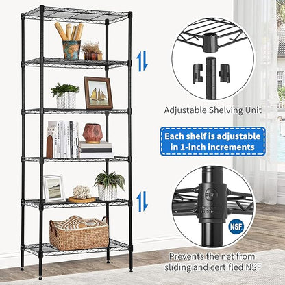 6-Tier Wire Shelving Unit Detachable Storage Shelves with 8 Adjustable Feet 59" H x 23" x 13" Kitchen Storage Rack Adjustable Metal Shelf for Pantry Closet, 900LB Capacity, Black