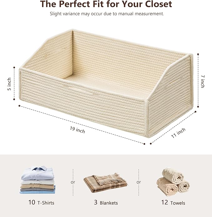 UBBCARE Closet Storage Bins 2 Pack, Cotton Rope Clothes Storage Bins & Sturdy Dog Toy Basket, 19" X 11" X 7" Shelf Baskets for Organizing, Beige