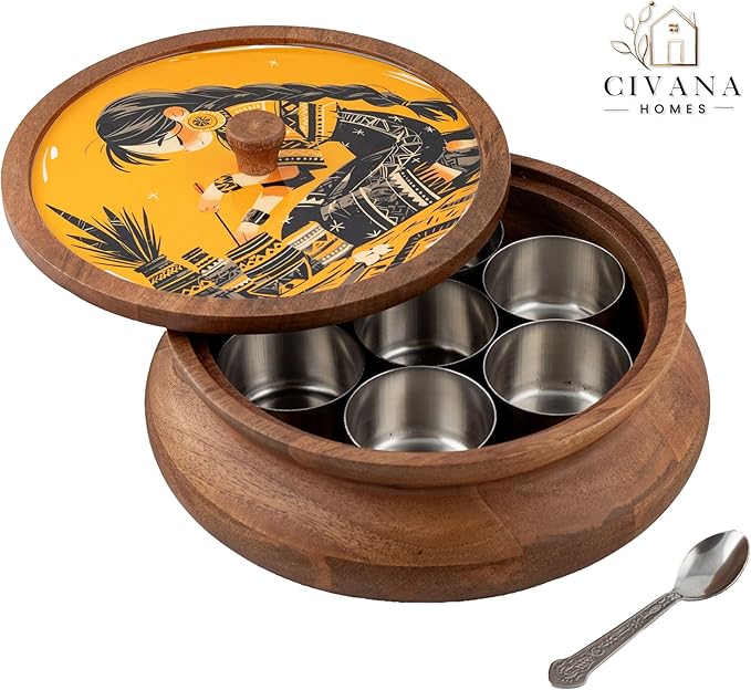Wooden Spice box for kitchen with spoon, Mango wood box with 7 Steel containers | Masala box for kitchen | Masala Dani | Best Gift (Yellow Masala Box)