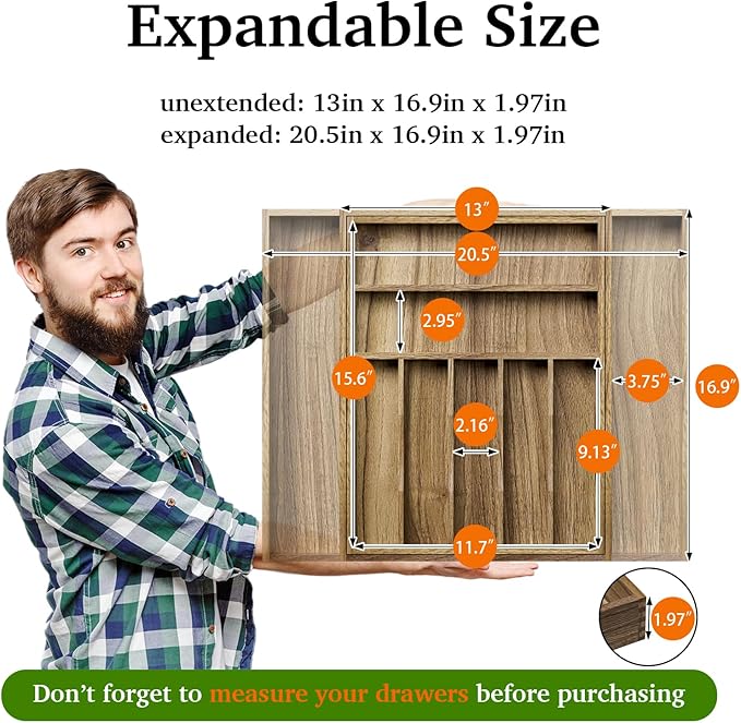 Kiasthome Acacia Wood Kitchen Silverware Drawer Organizer, Expandable Utensil Cutlery Drawer Organizer with Dividers, Flatware Organizer Silverware Tray for Spoon, Fork, 13''-20''x16.9'' (7-9 Slots)