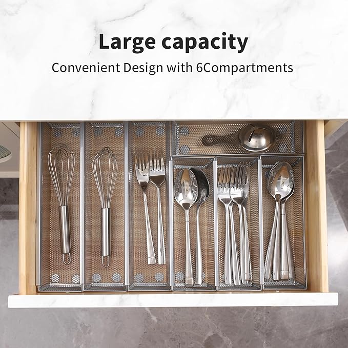 Drawer Organizer for Kitchen, Silverware Organizer Cutlery Tray Utensil holder with Interlocking Mesh Metal Flatware Storage Silver (6 pcs)