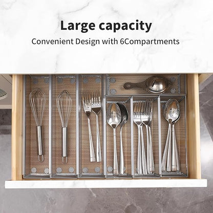 Drawer Organizer for Kitchen, Silverware Organizer Cutlery Tray Utensil holder with Interlocking Mesh Metal Flatware Storage Silver (6 pcs)