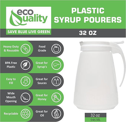 [1 PACK] EcoQuality 32oz Plastic Syrup Dispenser with Plastic Lid and Stainless Steel Slide Cover - Syrup, Sugar, Honey Dispenser - Perfect for Diners, Restaurants, Home, Office, Disposable (32 Ounce)