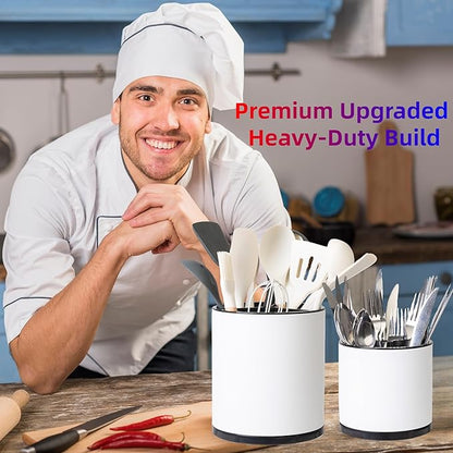 LIBODOUR Kitchen Utensil Holder Extra Large Rotating For Counter Organizer Stainless Steel Storage Cooking Silverware Caddy 3 Compartment Flatware Spoon Spatula Tool Cutlery Container(2 Set White)