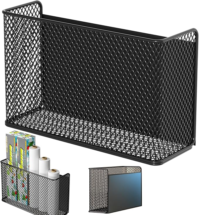 Buyyyit Magnetic Basket Fridge Lint Bin Dryer Ball Holder Laundry Room Organization Home Storage for Class Office School (Mesh，(1-Pack) Black/L)