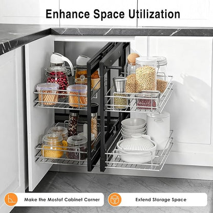 2-Tier 4-Shelf Blind Corner Organizer, Pull-Out Storage Basket with Soft-Close Mechanism, Left/Right Hand Compatible for 15" Min Opening, Chrome Steel Cabinet Organizer for Kitchen/Bathroom